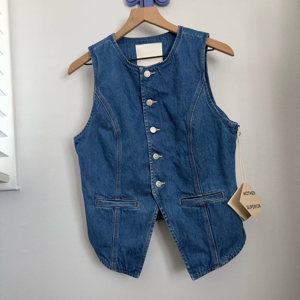 Mother Medium NEW The Vested Interest Scoot This Way‎ High Neck Denim Office